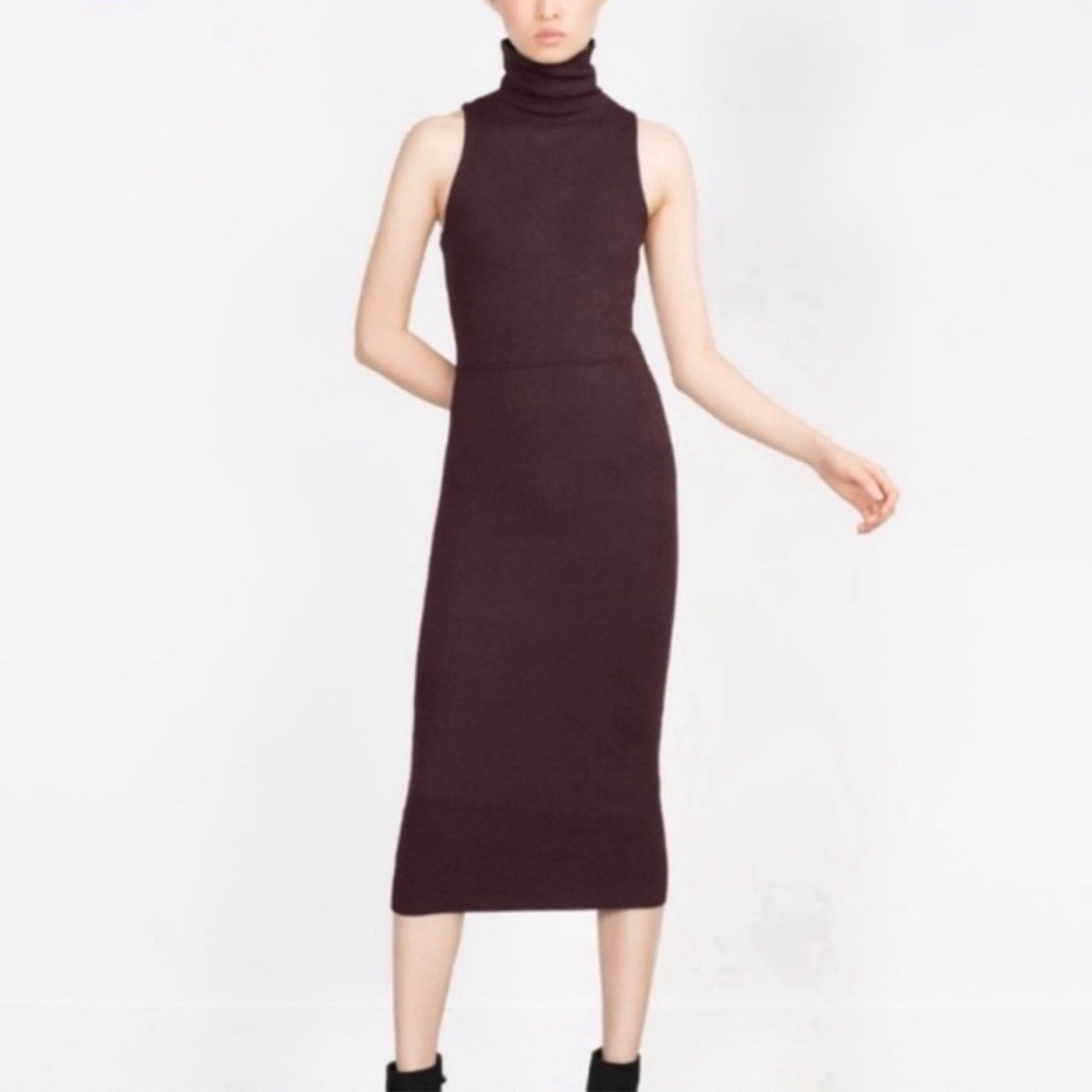 ZARA Knit Burgundy Sleeveless Turtleneck Midi Bodycon Sweater Dress Small